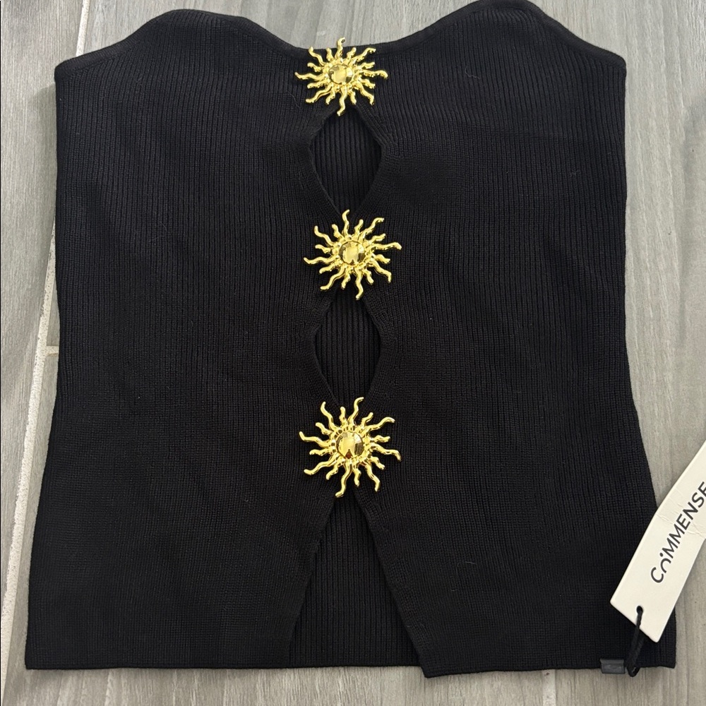 Commense Black Strapless Top with Gold Sun Embellishments